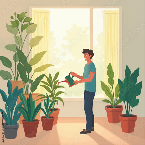 Caring for an indoor garden, a man with a watering can tends to his lush potted plants in a sunlit room
