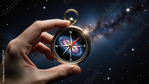 Hand holding a compass against the Milky Way for cosmic navigation