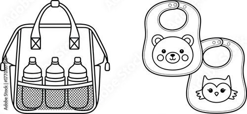 Diaper bag with baby bottles and animal face bibs, childcare essentials, cad drawing flat vector illustration