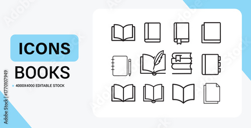 Set of diverse book icons in simple outline style for digital and print projects