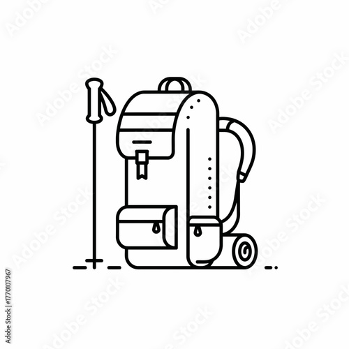 Minimalist line art icon of a hiking backpack and trekking pole for outdoor adventure concept