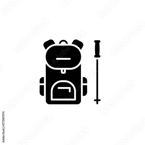 Hiking backpack and trekking pole black glyph icon for outdoor adventure and tourism