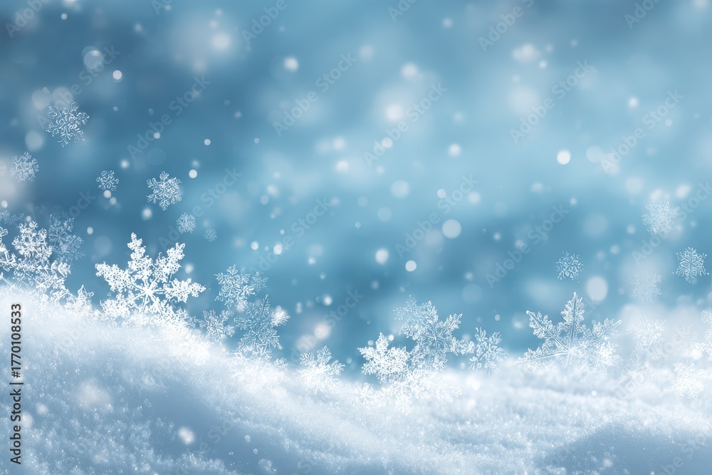 Naklejka premium Snowflakes gently fall over a serene blue winter landscape, creating a peaceful atmosphere filled with joy and tranquility during the cold season