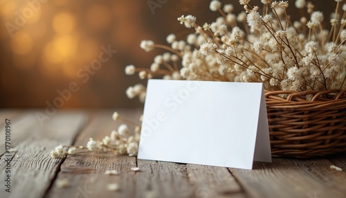Blank white paper card template with dried flowers bouquet. Rustic wooden table with flower decoration. Elegant card mockup for invitation message design. Natural floral vintage still life