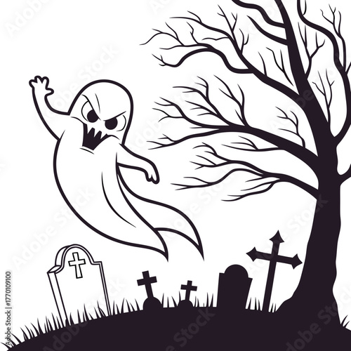 Ghost in graveyard with tree