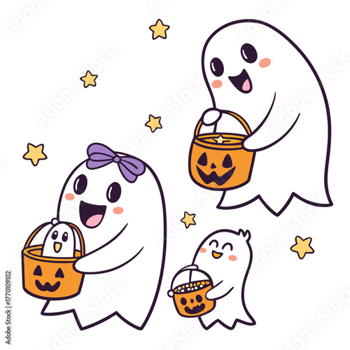 Happy ghosts trick or treating with pumpkins