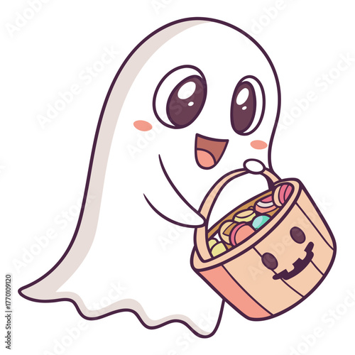 Cute ghost carrying a bucket full of candy