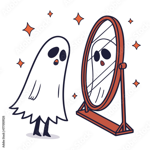 Cute ghost looking in the mirror for halloween