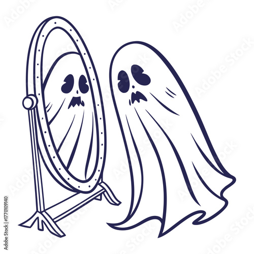 Scared ghost looking in the mirror for halloween