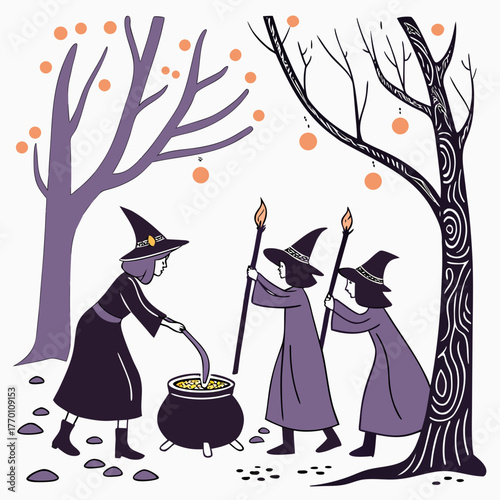 Three witches brewing a potion under the trees