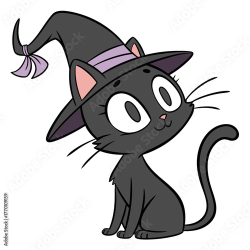 Cute cartoon black cat wearing a witch hat