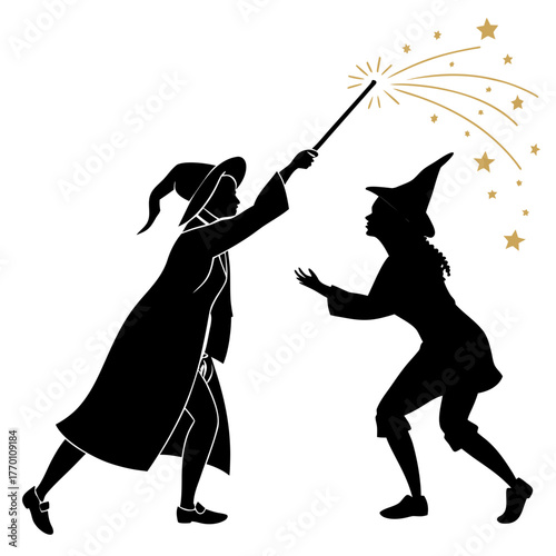 Two wizards dueling with magic wands