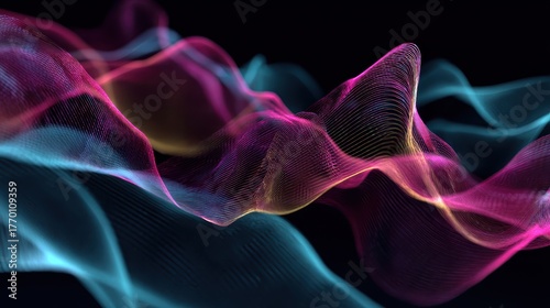 Abstract wavy lines in pink, yellow, and blue on black backdrop. It’s perfect for technology, science, or modern art background design.