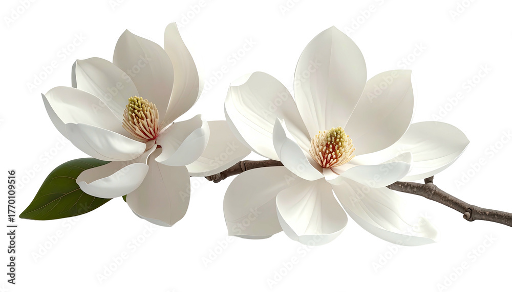 Fototapeta premium Two white magnolia blooms on branch, one leaf. Clear details