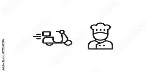 Print  Food Delivery and Restaurant Service Line Icons — burger, delivery bike, chef, tray vector icons