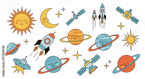A charming collection of cute cartoon space elements featuring sleeping planets, sun, moon, rockets, satellites, UFOs, and stars.