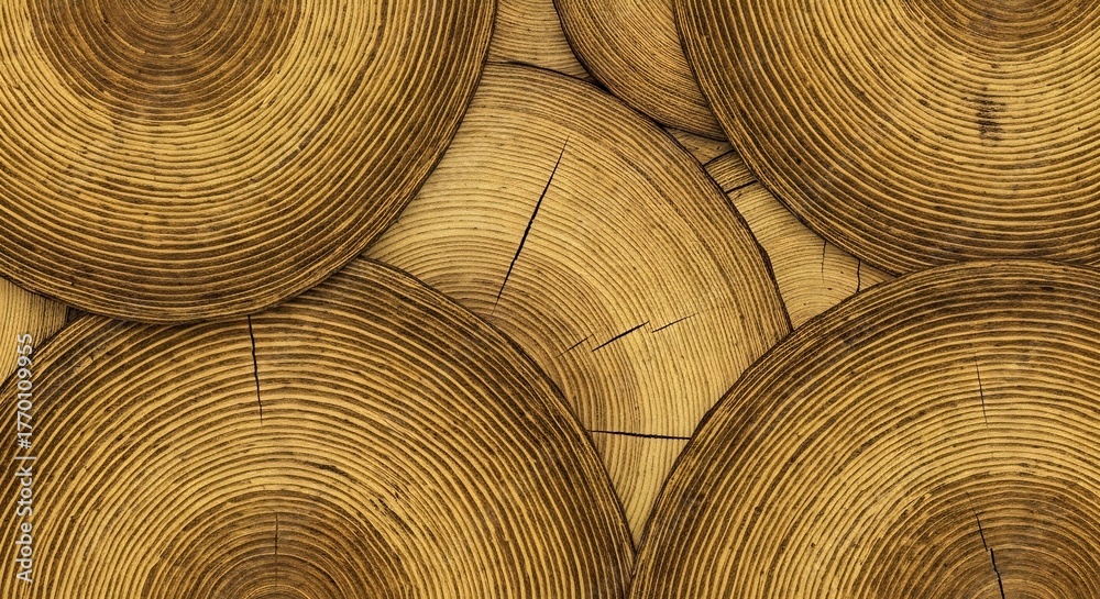 Fototapeta premium A flat textured layout of wood slices with concentric rings and occasional cracks