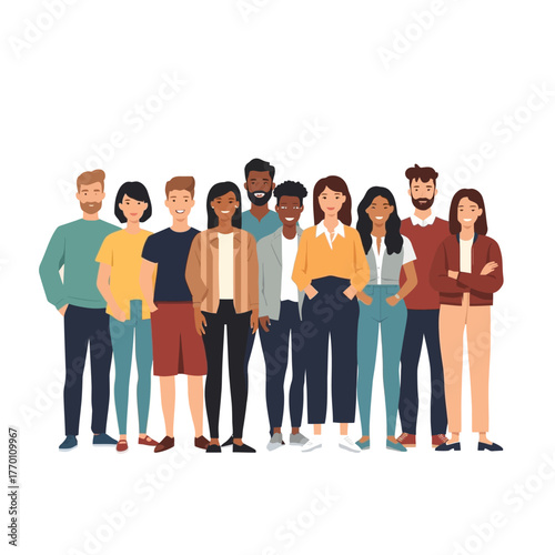 Diverse Casual Team Standing Together – Flat Vector Illustration