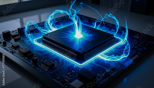 Futuristic computer microchip generating intense electrical energy flow
