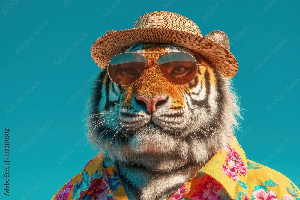 Fototapeta premium Majestic tiger dressed in vibrant tropical attire and sunglasses poses confidently against a clear blue sky