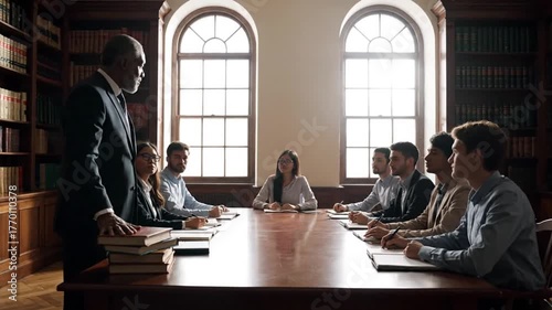 An older man in a suit stands before a table of seated students in a library