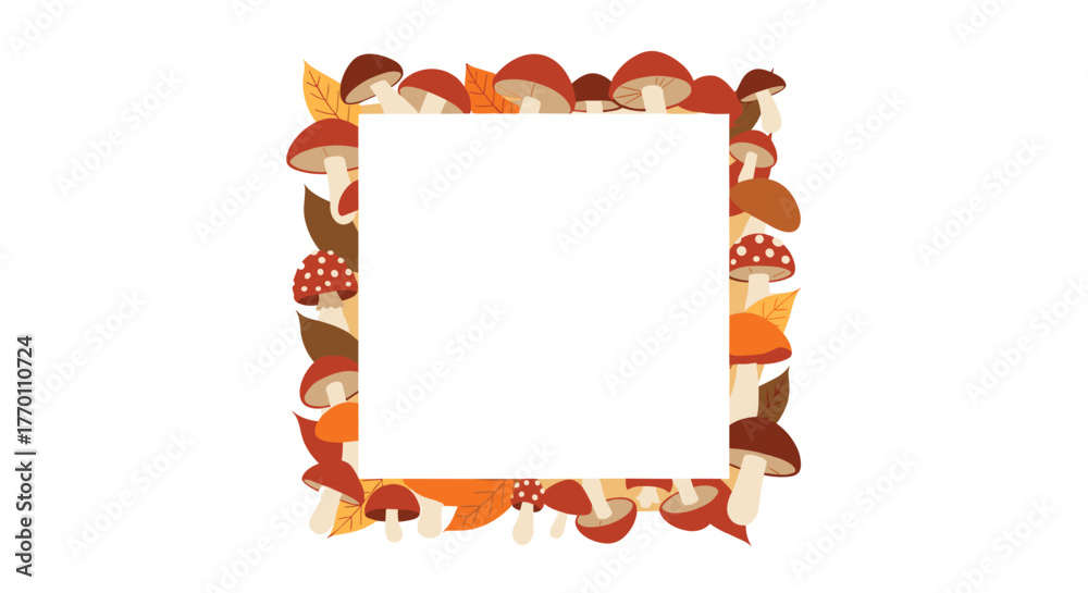 Obraz premium Autumn themed square frame with various cartoon mushrooms and colorful fall leaves on a white background, offering an empty space for text.