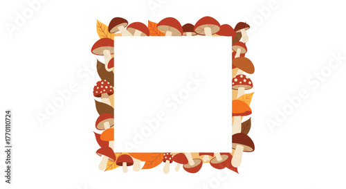 Autumn themed square frame with various cartoon mushrooms and colorful fall leaves on a white background, offering an empty space for text.