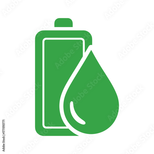 Green battery icon with a water drop symbolizing clean energy, vector art, symbolic Logo