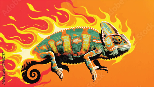 Chameleon With Fire Coals Illustrator Artwork Banner Background Design Template 