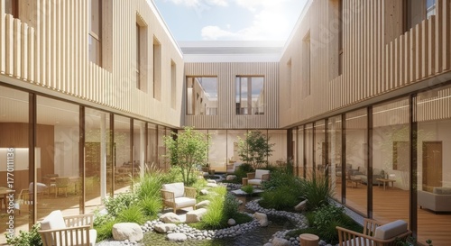 Modern Building with Serene Courtyard and Wooden Slatted Facade