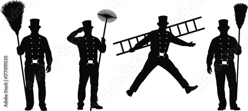 Chimney sweep, vintage worker, cleaning tools, top hat figure, silhouette icon, ladder pose, brush equipment, vector sketch, CAD style, flat illustration