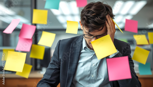 Office worker overwhelmed by sticky notes symbolizing work stress