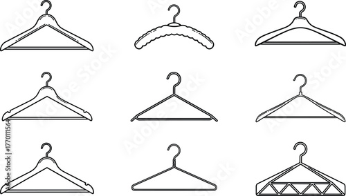 Clothes hanger, wire frame, padded hanger, plastic hook, silhouette icon, wardrobe tool, vector sketch, black outline, CAD style, flat illustration