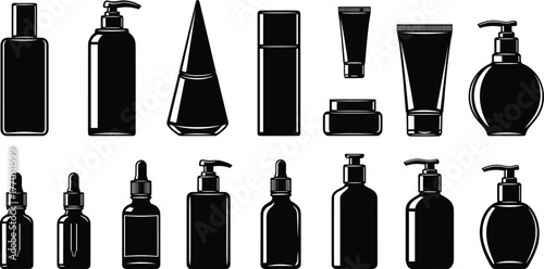 Cosmetic bottles, pump dispenser, dropper container, spray bottle, silhouette icons, skincare packaging, vector design, black outline, CAD sketch, flat illustration