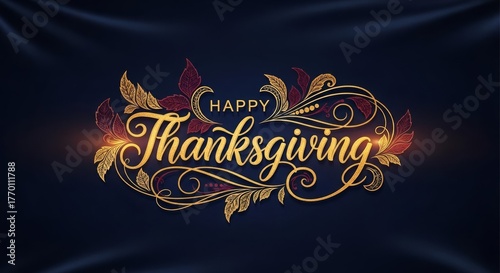 Elegant Golden Happy Thanksgiving Message with Decorative Foliage on Fabric
