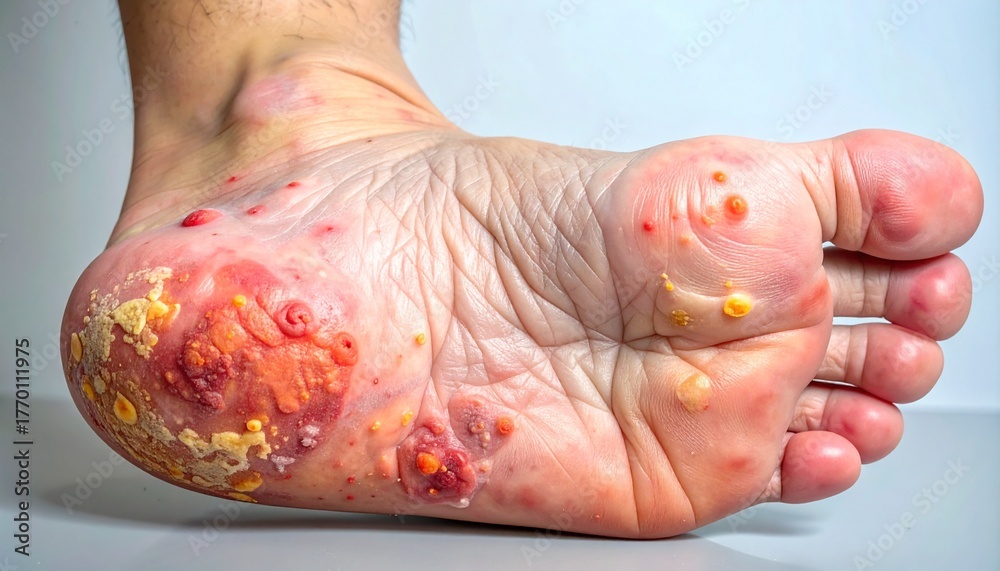 Fototapeta premium Foot Affected by Plantar Warts A Close-Up View of Skin Condition