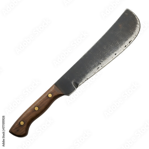 Close-up of a weathered machete. It has a wooden handle attached with brass rivets and a blade with visible wear