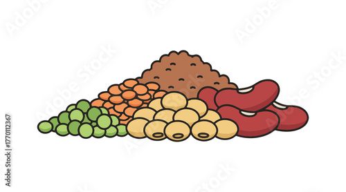 A bunch of beans and legumes icon graphic set against a white backdrop. Illustration of green peas, lentils, soybeans, and kidney beans.