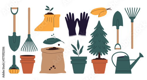 A vibrant assortment of essential gardening tools, including shovels, rakes, potted plants, and accessories for outdoor activities.
