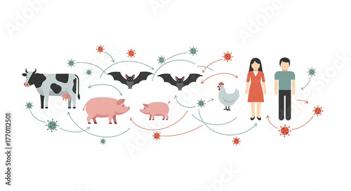 Zoonotic disease transmission from animals to humans, featuring livestock, bats, poultry, and people, ideal for health, science, and educational content