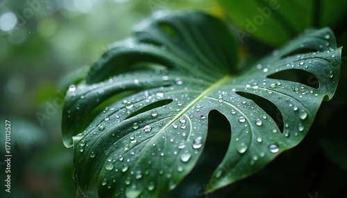 Wallpaper Mural Large green Monstera leaf covered with fresh clear water drops. Raindrops glisten on exotic tropical plant foliage after rain. Wet plant in a vibrant natural environment, jungle garden. Eco beauty. Torontodigital.ca
