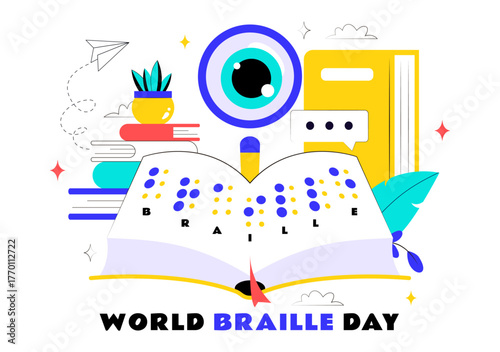 World Braille Day Vector Illustration Celebrating January 4th, Featuring the Braille Alphabet as a Means of Communication on a Flat Background
