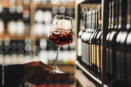 Close-Up View of Person Swirling Red Wine in Cellar Atmosphere