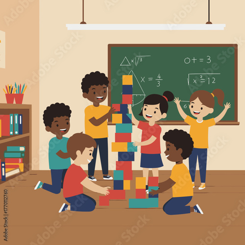 A diverse group of happy children joyfully collaborates to construct a colorful block tower together in a bright, educational classroom environment.