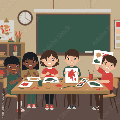 Diverse young children joyfully engage in a creative painting activity together at a classroom table, expressing their artistic talents.