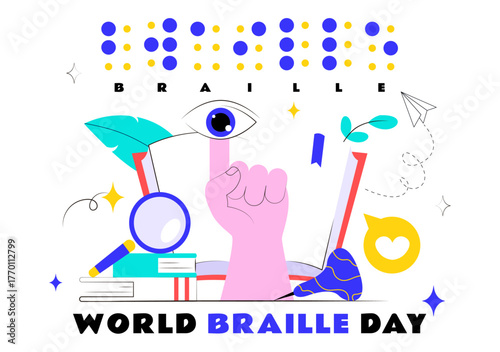World Braille Day Vector Illustration Celebrating January 4th, Featuring the Braille Alphabet as a Means of Communication on a Flat Background