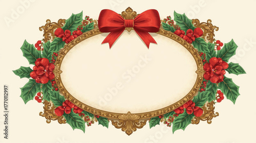 Christmas Oval Frame with Holly and Bow, Elegant Vector for Personalized Holiday Greetings