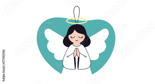 A charming illustration of a praying angel with a golden halo and white wings, set within a teal heart, perfect as a spiritual decoration.