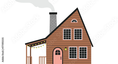 Charming illustrated A-frame cabin featuring a smoking chimney, decorative string lights, and a welcoming pink door for a homey feel.