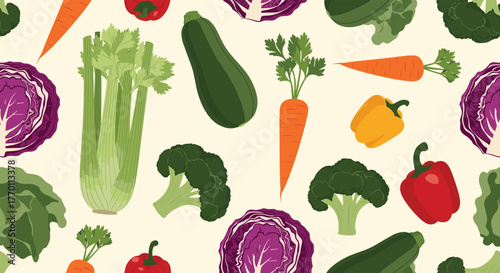 A vibrant seamless pattern of fresh and healthy vegetables, featuring carrots, broccoli, bell peppers, zucchini, celery, and cabbage on a clean background.